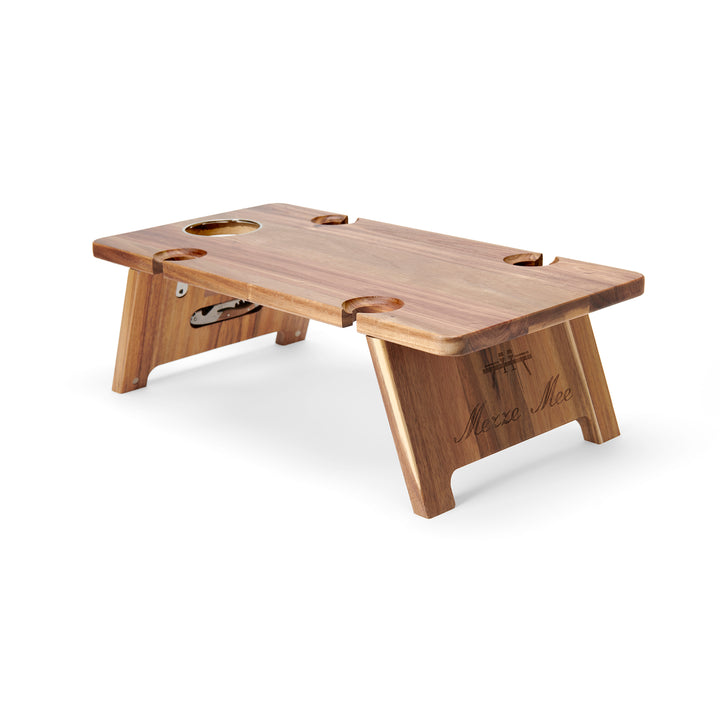 Arcadia Wood Table with cheese knife and bottle opener and carry bag